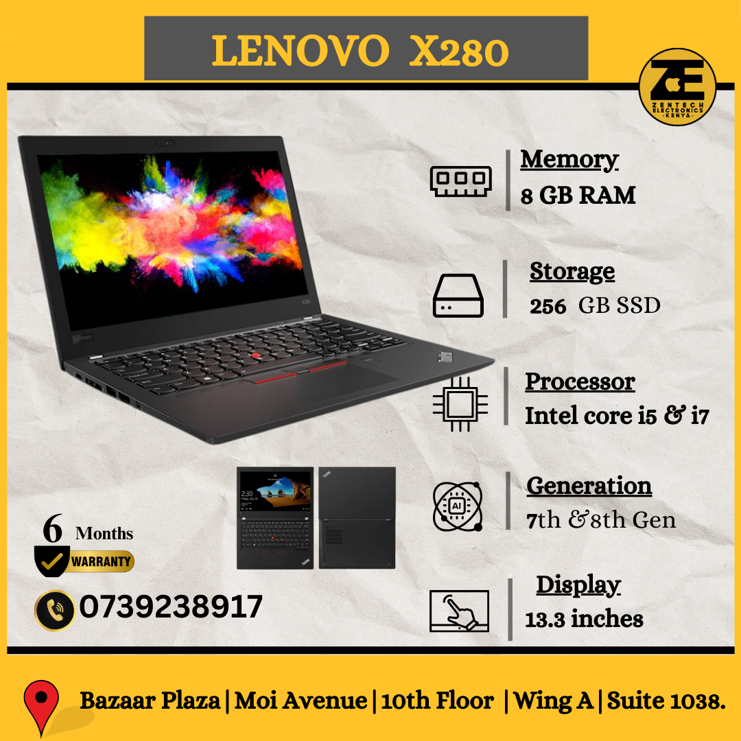Lenovo X280 laptop displayed with its specifications: processor, memory, storage, and display details. The laptop is shown open with a colorful screen displaying, placed on a table.